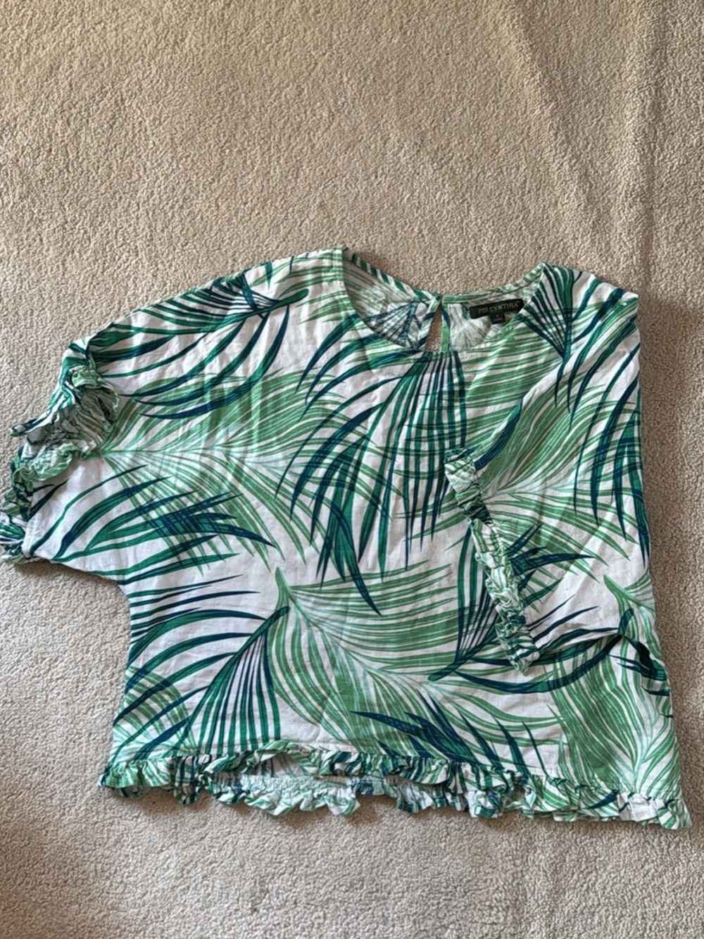 Ruffled Tropical Print Linen Blouse Size 8